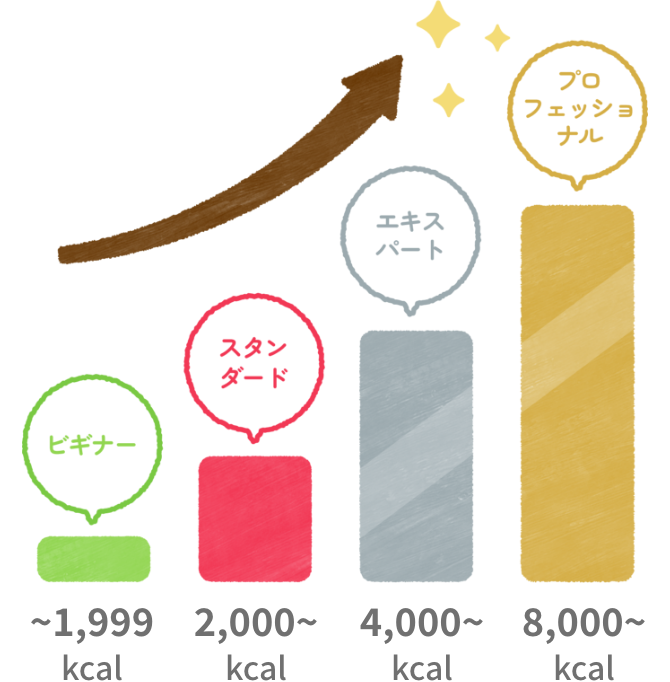 ビギナー：〜1,999kcal スタンダード：2,000kcal〜 エキスパート：4,000kcal〜 プロフェッショナル：8,000kcal〜